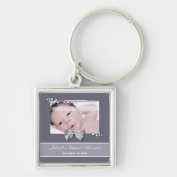 Elegant Photo Birth Announcement Silver Ribbon Keychain by PhotographyTKDesigns at Zazzle