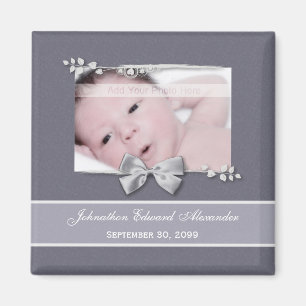 Elegant Photo Birth Announcement Silver Ribbon Magnet