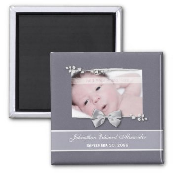 Elegant Photo Birth Announcement Silver Ribbon Magnet by PhotographyTKDesigns at Zazzle