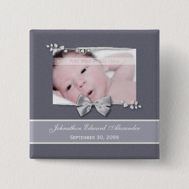 Elegant Photo Birth Announcement Silver Ribbon Pinback Button (Front)