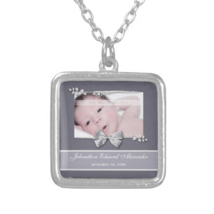 Elegant Photo Birth Announcement Silver Ribbon Plated Necklace