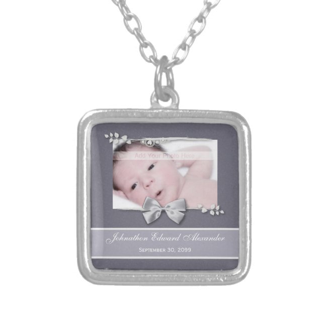 Elegant Photo Birth Announcement Silver Ribbon Silver Plated Necklace (Front)