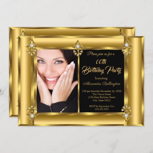 Elegant Photo Birthday Party Black Gold Diamond 2 Invitation