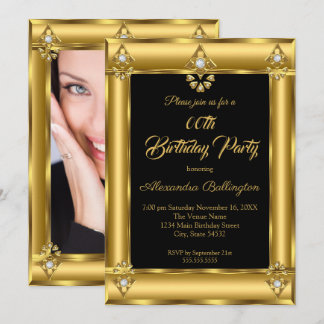 Elegant Photo Birthday Party Black Gold Diamond Invitation