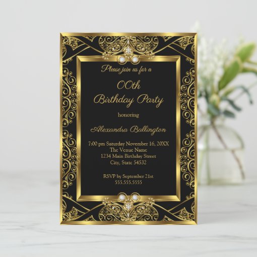 Elegant Photo Birthday Party Black Gold Jewel Invitation | Zazzle