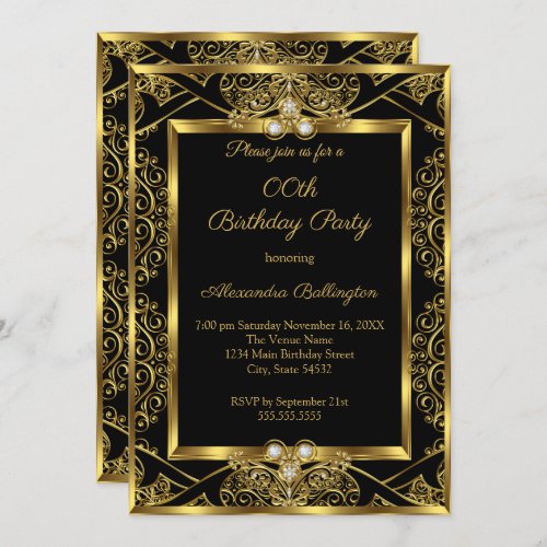 Elegant Photo Birthday Party Black Gold Jewel Invitation