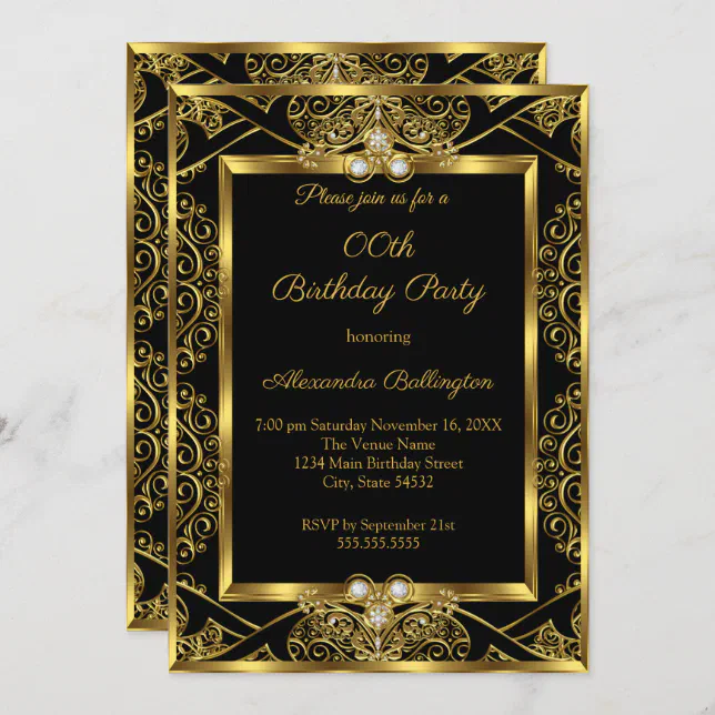 Elegant Photo Birthday Party Black Gold Jewel Invitation | Zazzle