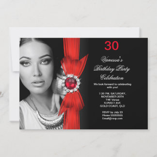 Elegant Photo Birthday Party Deep Red Black Invitation