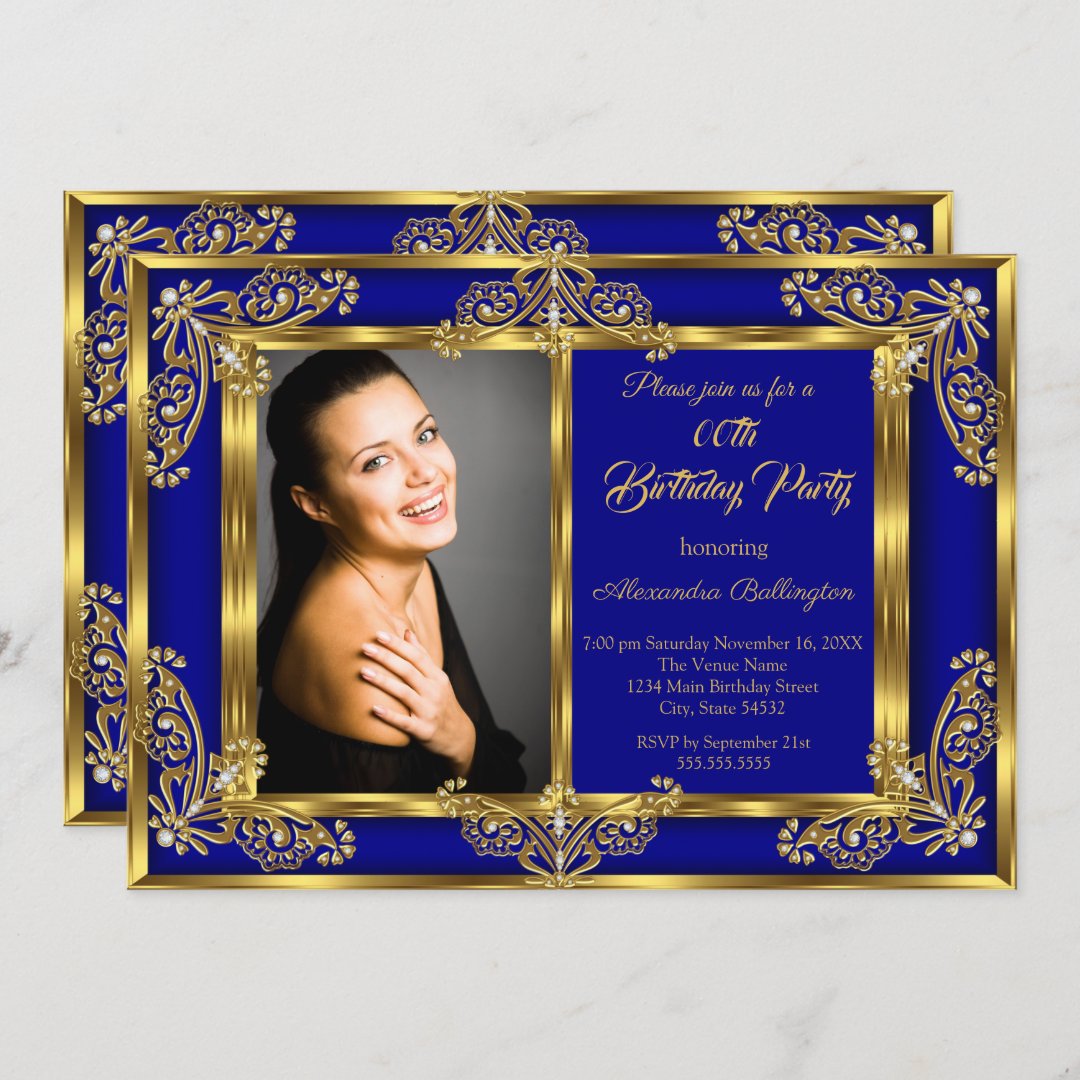 Elegant Photo Birthday Party Royal Blue Gold Gems Invitation | Zazzle