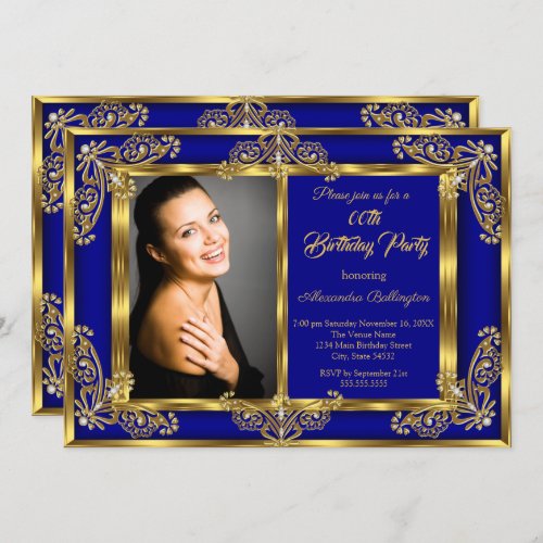 Elegant Photo Birthday Party Royal Blue Gold Gems Invitation