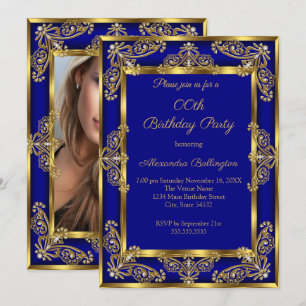 Elegant Photo Birthday Party Royal Blue Gold Jewel Invitation
