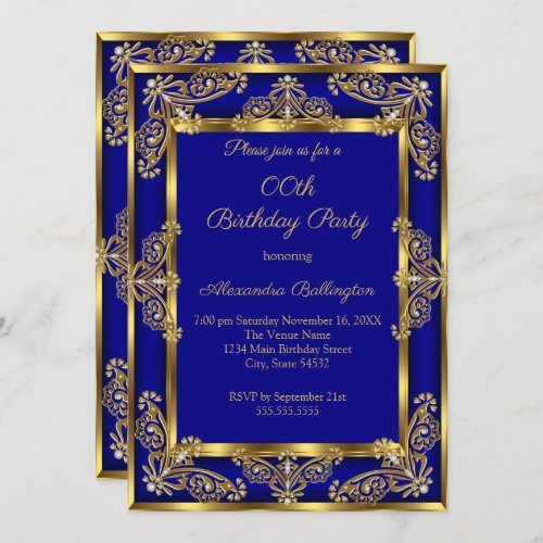Elegant Photo Birthday Party Royal Blue Gold Jewel Invitation