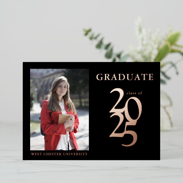 Elegant Photo Black 2025 Graduation Party Foil Invitation (Standing Front)