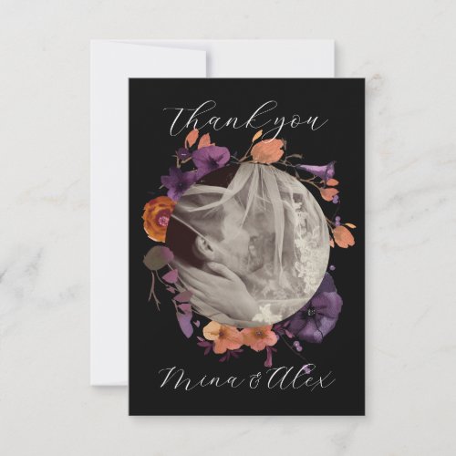Elegant Photo Black and Autumn Floral Wedding  Thank You Card