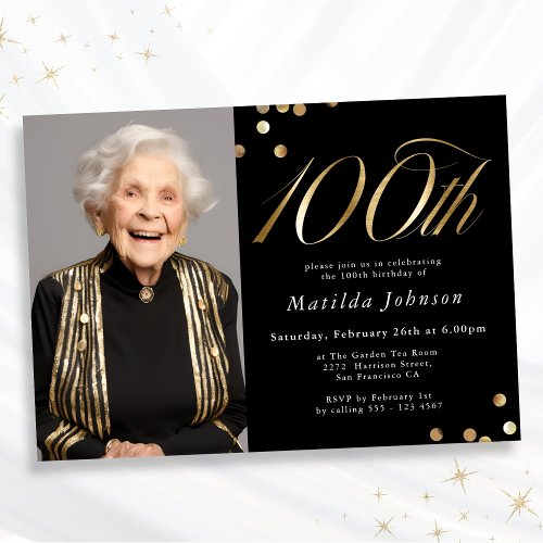 Elegant Photo Black and Gold 100th Birthday