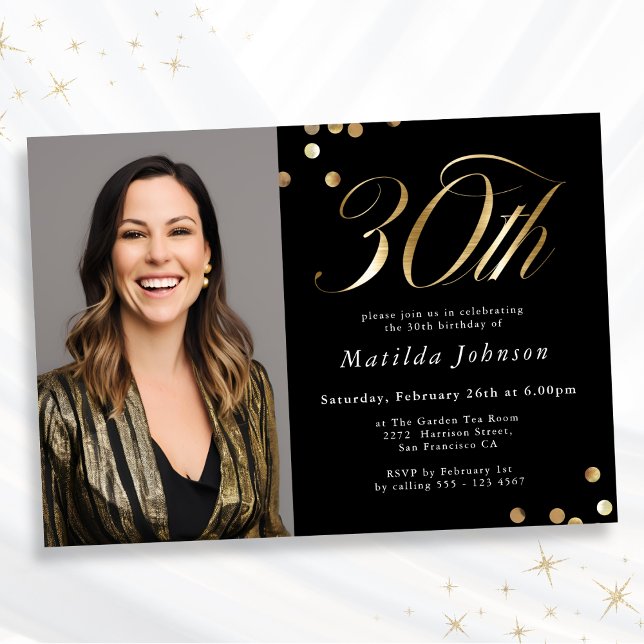 Elegant Photo Black and Gold 30th Birthday Invitation (Mockup View)