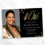 Elegant Photo Black and Gold 40th Birthday Invitation<br><div class="desc">Elegant Photo Black and Gold 40th Birthday Invitation. This design embraces a black and gold minimalist theme that exudes modern elegance. The invitation features a sleek black background, providing a sophisticated canvas for the opulent gold accents. Modern, stylish typography takes center stage, with serif fonts, creating a striking and elegant...</div>