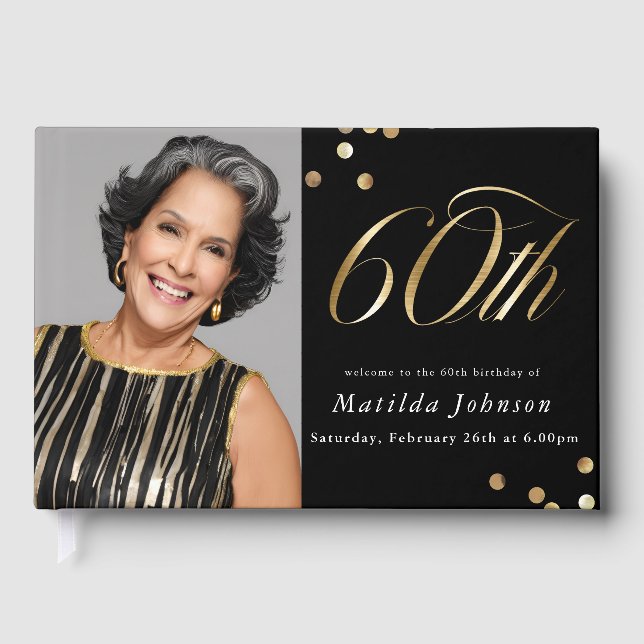Elegant Photo Black and Gold 60th Birthday Guest Book (Front)