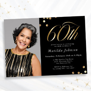 Elegant Photo Black and Gold 60th Birthday Invitation