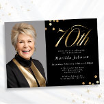 Elegant Photo Black and Gold 70th Birthday Invitation<br><div class="desc">Elegant Photo Black and Gold 70th Birthday Invitation. This design embraces a black and gold minimalist theme that exudes modern elegance. The invitation features a sleek black background, providing a sophisticated canvas for the opulent gold accents. Modern, stylish typography takes center stage, with serif fonts, creating a striking and elegant...</div>