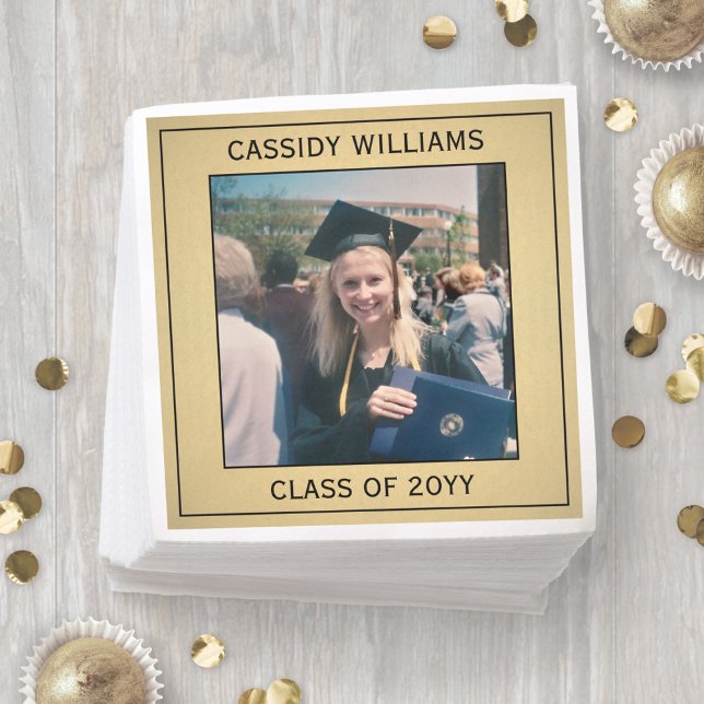 Elegant Photo Black and Gold Faux Foil Graduation Napkins (Creator Uploaded)