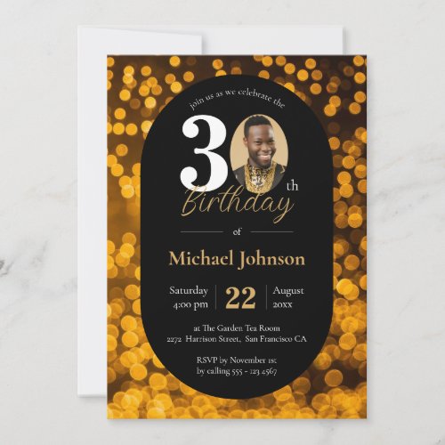 Elegant Photo Black and Gold Lights 30th Birthday Invitation