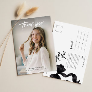 Elegant Photo Black Bow Graduation Thank You Postcard