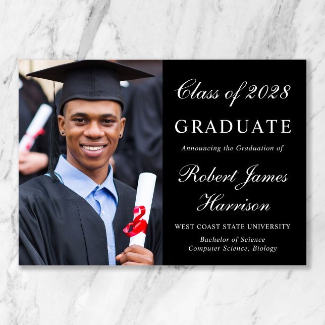 Elegant Photo Black College Graduation Announcement (Share the pride and excitement of your grad's achievement with friends and family near and far)