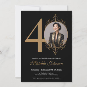 Elegant Photo Black Gold 40th Birthday Invitation