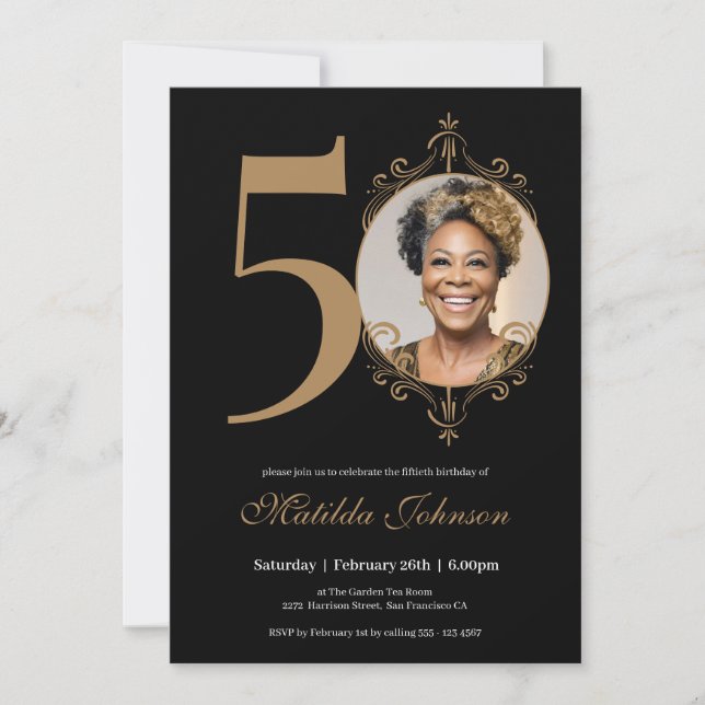 Elegant Photo Black Gold 50th Birthday Invitation (Front)