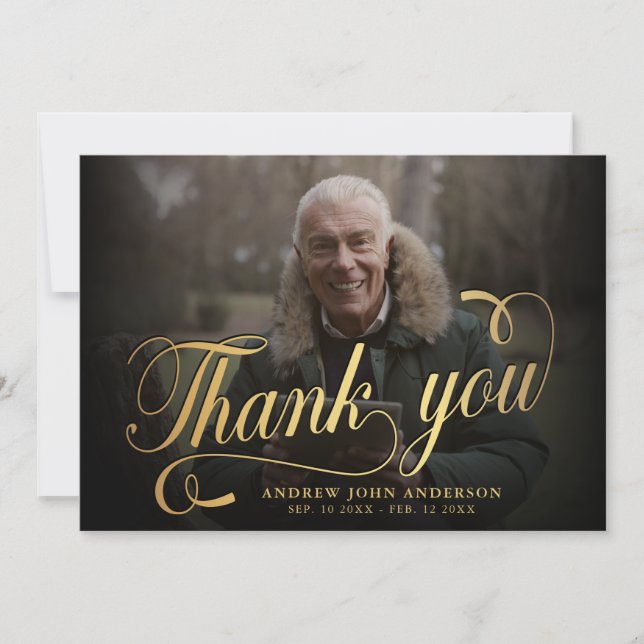 Elegant Photo Black & Gold Calligraphy Funeral Thank You Card (Front)