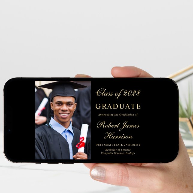 Elegant Photo Black Gold College Graduation Announcement (Front Digital)