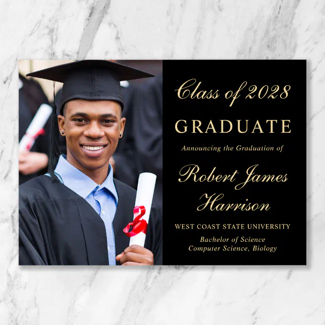 Elegant Photo Black Gold College Graduation Announcement | Zazzle