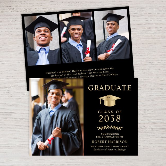 Elegant Photo Black Gold College Graduation Announcement (An elegant college graduation announcement to celebrate the graduate's achievements)