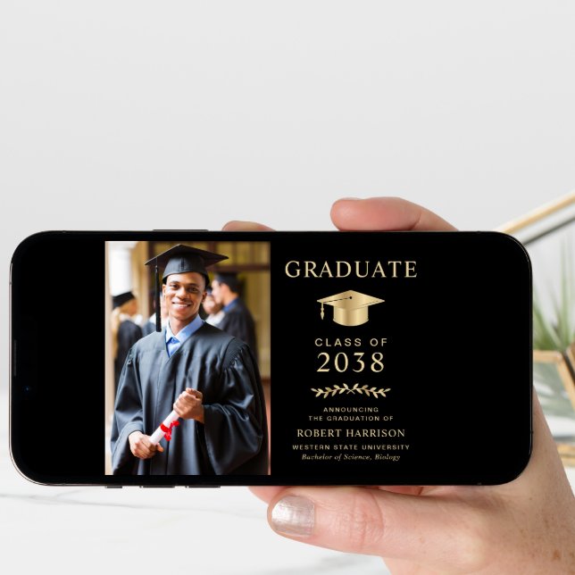 Elegant Photo Black Gold College Graduation Announcement (Front Digital)