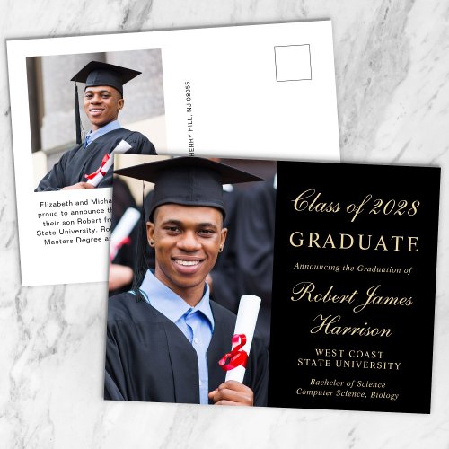 Elegant Photo Black Gold College Graduation Announcement Postcard