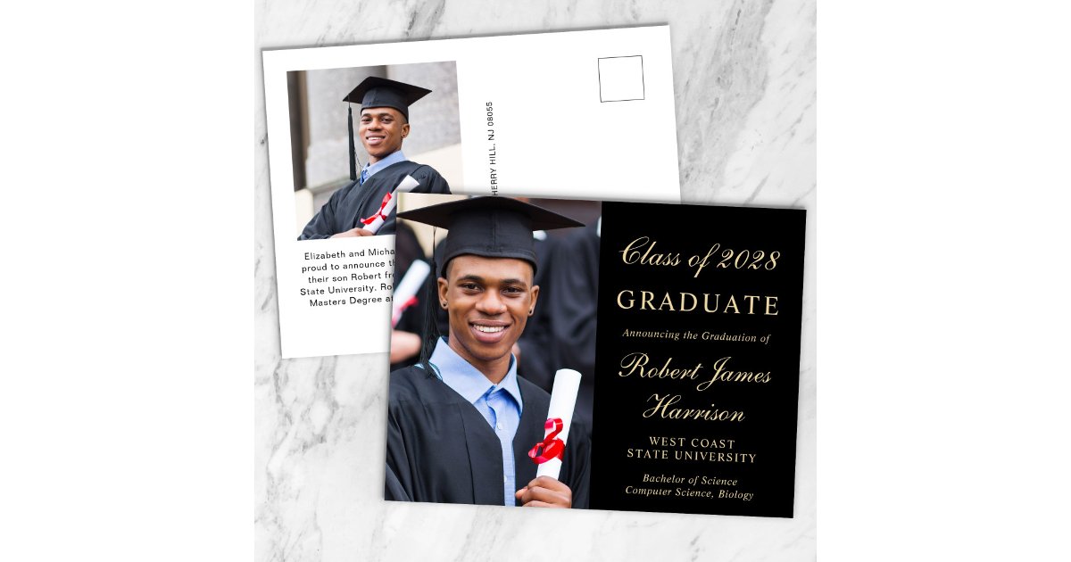 Elegant Photo Black Gold College Graduation Announcement Postcard | Zazzle