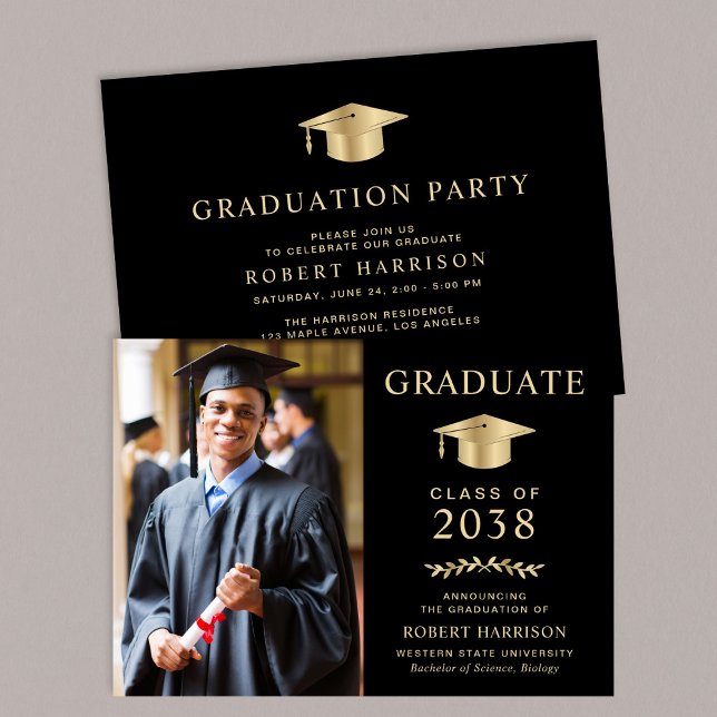 Elegant Photo Black Gold College Graduation Party Invitation (An elegant college graduation party invitation to celebrate the graduate's achievements)