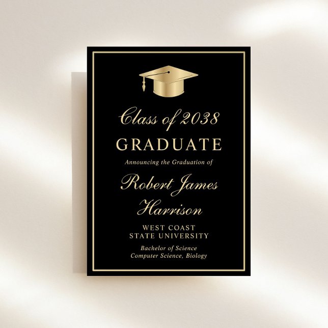 Elegant Photo Black Gold Graduation Party Invitation (An elegant college graduation party invitation to celebrate the graduate's achievements)