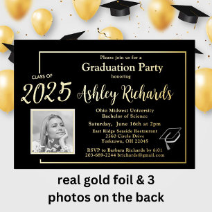 Elegant Photo Black Gold Graduation Party Real Foil Invitation
