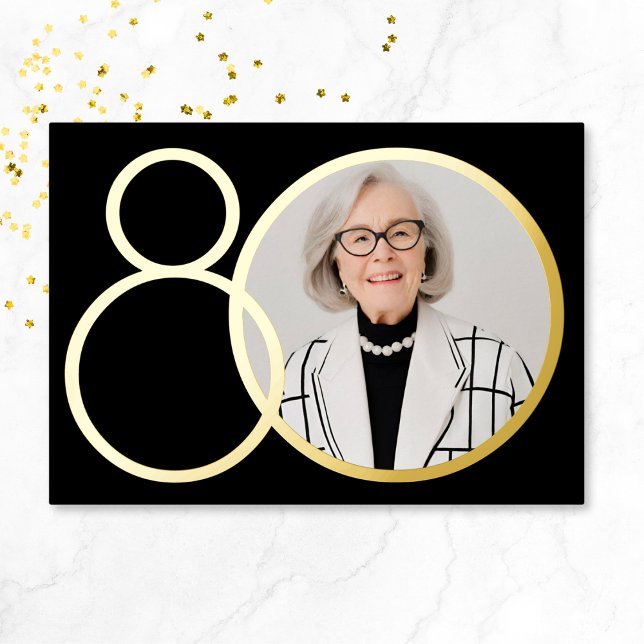 Elegant Photo Black Gold Minimalist 80th Birthday Foil Invitation (Mockup View)
