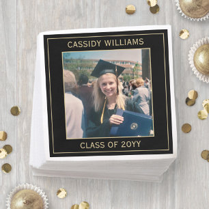 Elegant Photo Black & Gold Modern Graduation Party Napkins