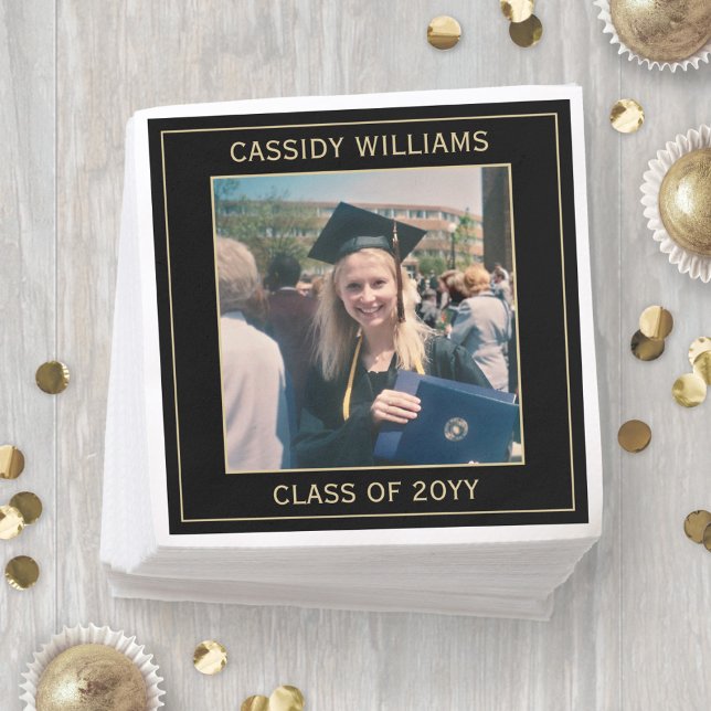 Elegant Photo Black & Gold Modern Graduation Party Napkins (Creator Uploaded)