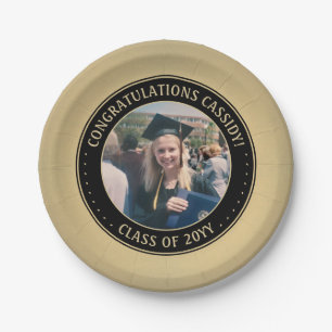 Elegant Photo Black & Gold Modern Graduation party Paper Plates