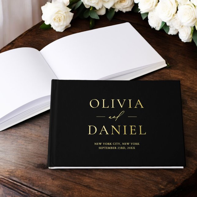 Elegant Photo Black Gold Modern Minimalist Foil Guest Book (Creator Uploaded)