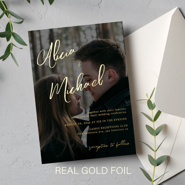 Elegant photo black gold real foil script wedding foil invitation (Creator Uploaded)