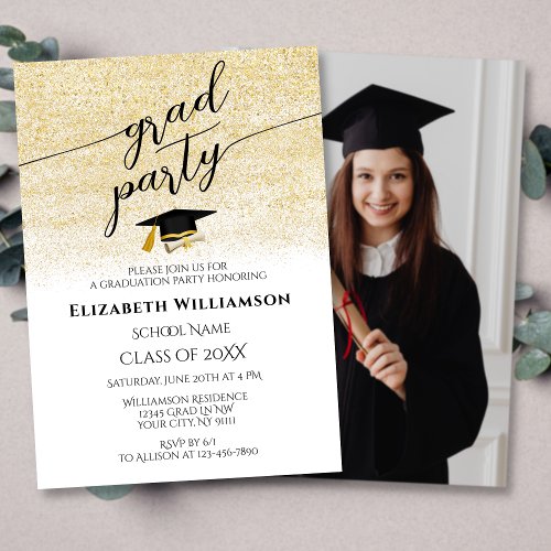 Elegant Photo Black Gold Script Graduation Party Invitation