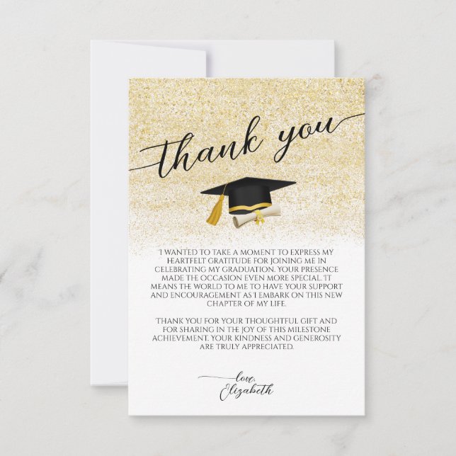 Elegant Photo Black Gold Script Graduation Party Thank You Card (Front)