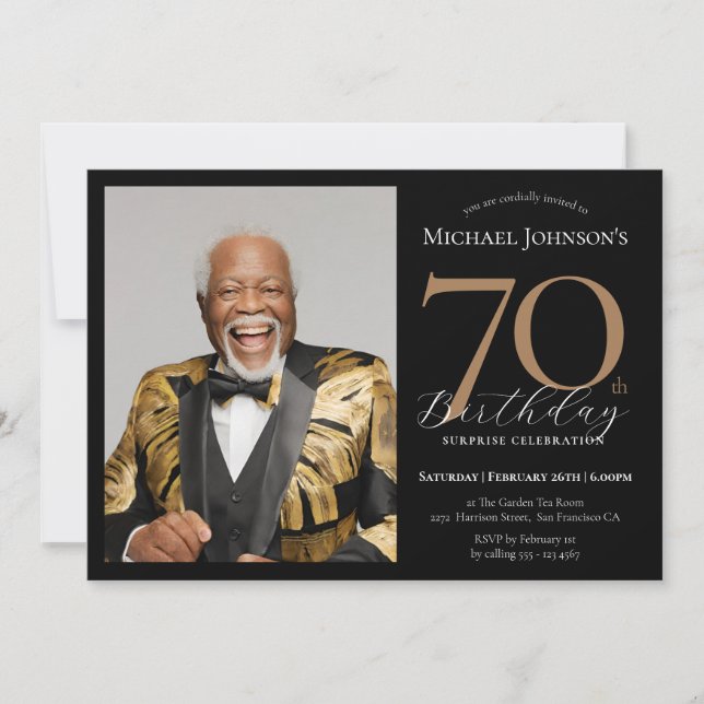 Elegant Photo Black Gold Surprise 70th Birthday Invitation (Front)