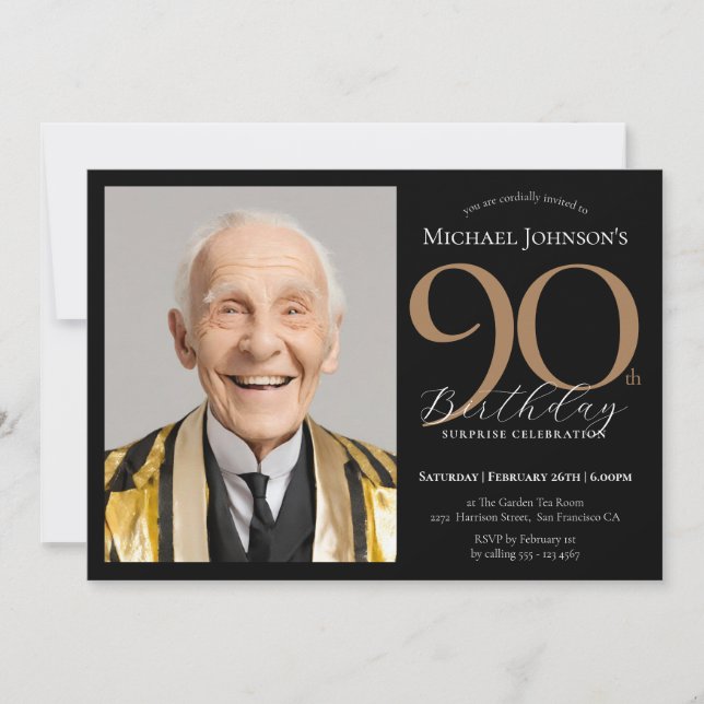 Elegant Photo Black Gold Surprise 90th Birthday Invitation (Front)